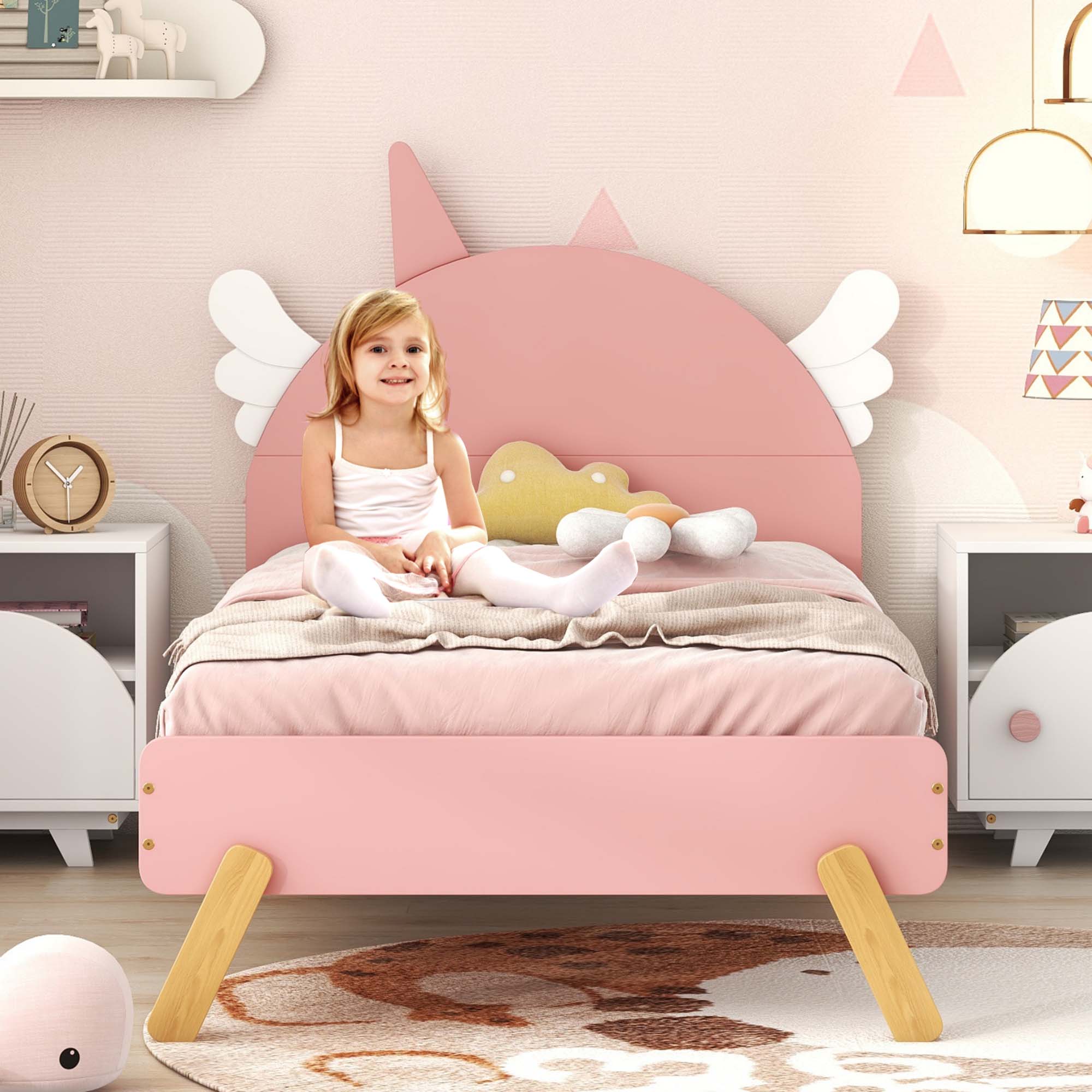 Aukfa Platform Bed with Unicorn Horn Headboard for Kids, Twin Bed Frame, Wooden - Pink