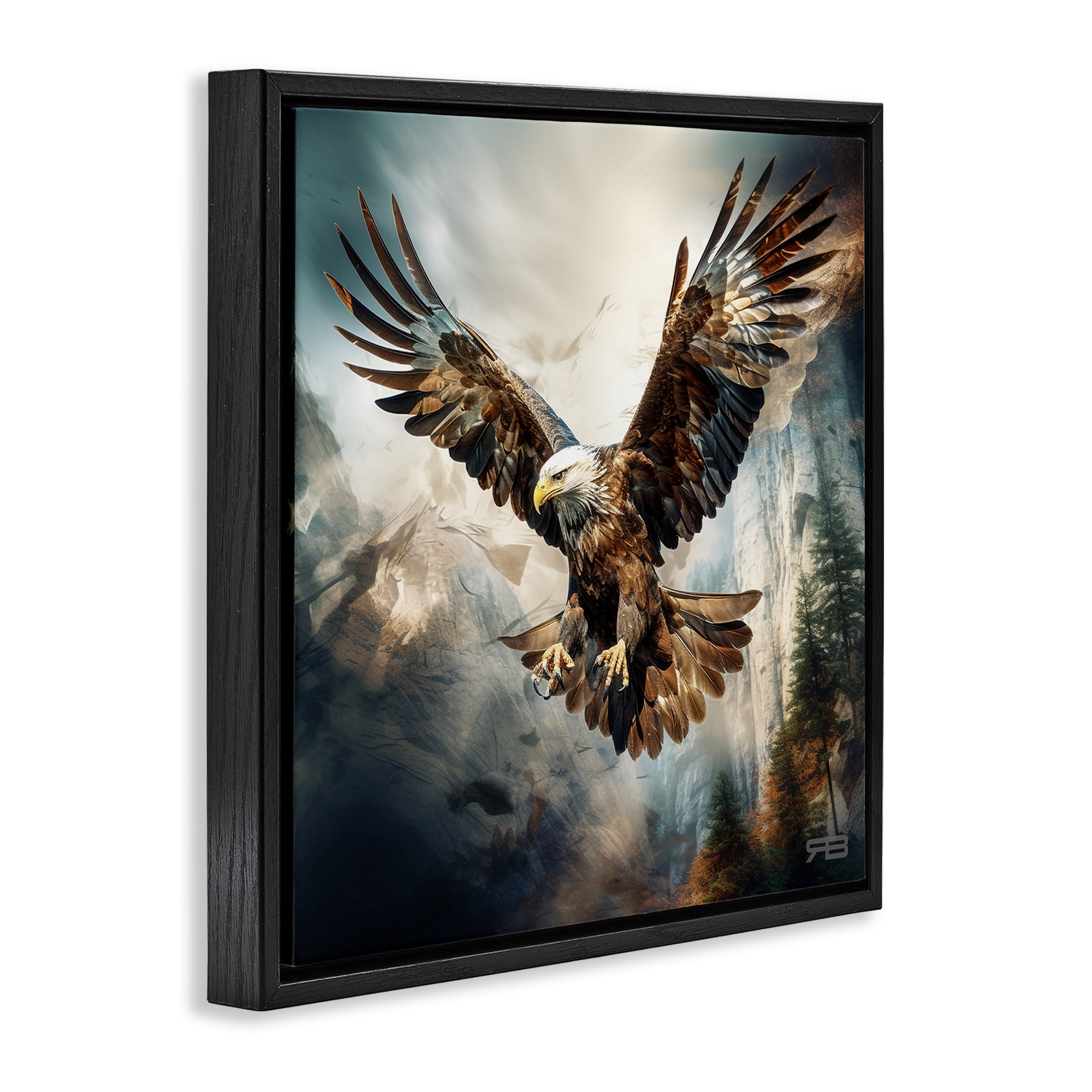 Stupell Industries Intense Eagle Spreading Wings Animals & Insects Painting Black Floater Framed Canvas Art Print Wall Art, 18 x 18