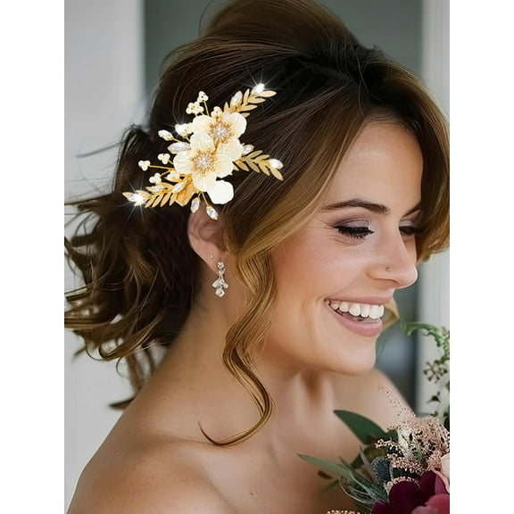 Flower Wedding Hair Clip Gold Leaf Pearl Headpiece Hair Barrette Sparkly Bridal Hair Accessories for Women