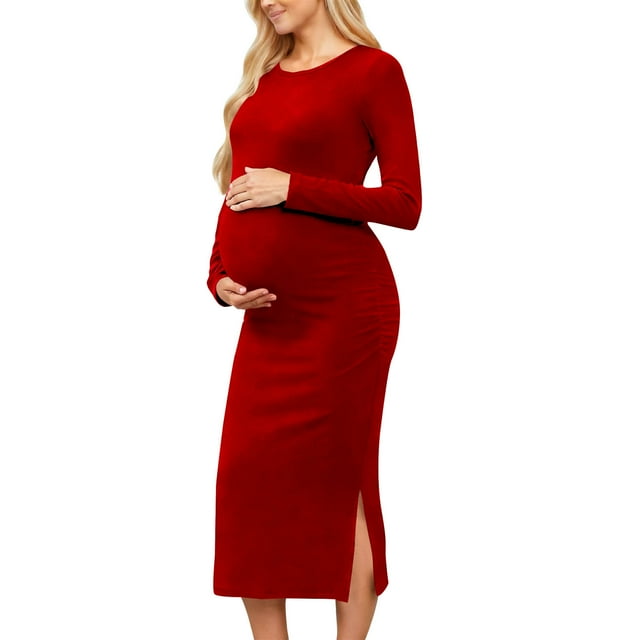 Daiosportswear Leggings de Maternité pour Femmes Robe de Maternité pour Femmes Robe de Maternité Fendue Manches Longues Froncée Vêtements de Grossesse Rouge P(S)