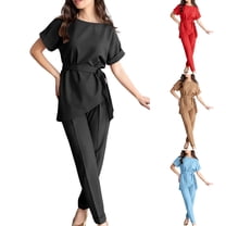 Jinhomg Womens Business Casual Outfits Fashion Roll Sleeve Asymmetrical Blouses and Straight Leg Pants 2 Piece Office Work Suits with Belt Khaki XXL