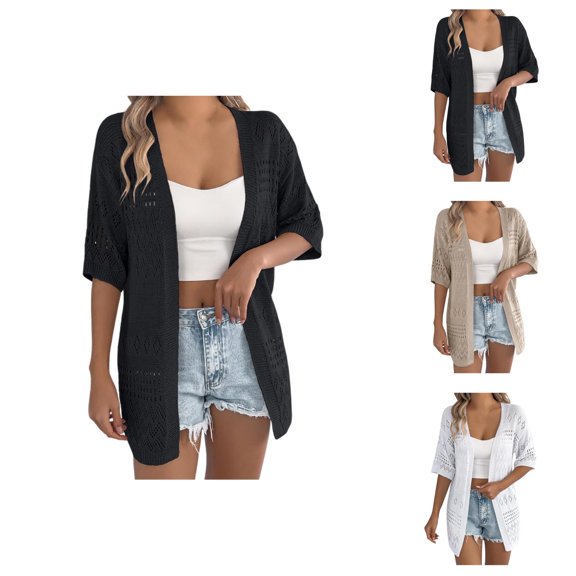 Women's Lightweight Knit Cardigan Summer Casual Loose Fit Open Front Cover Up Boho Beach Vacation Outfit Pure Color Basic Staple Cardigan Sweaters for Women