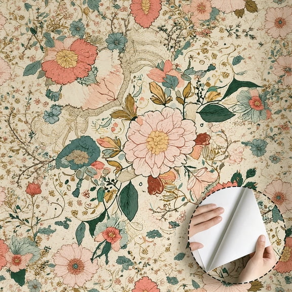 Vintage Boho Floral Wallpaper, Waterproof Peel and Stick Wallpaper Rustic Aesthetic Wall Decor for Bedroom Living Room Bathroom Kitchen Cabinet Drawer Rental Property 17.7*78.7 in