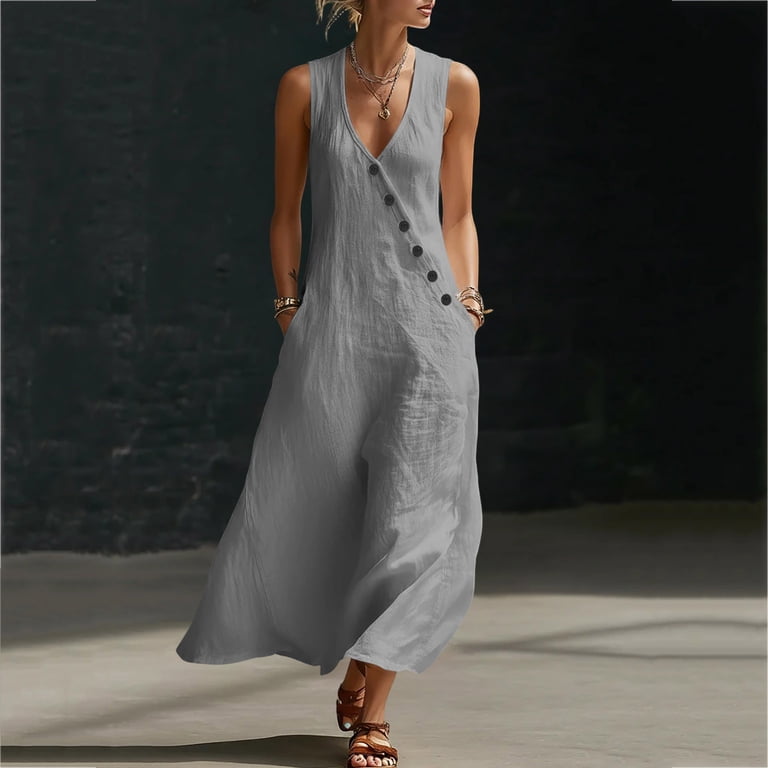Oksale Casual Summer Dresses for Women Trendy Deep V Neck Maxi Dress with  Pockets Comfortable Sleeveless Fashion Clothing White M