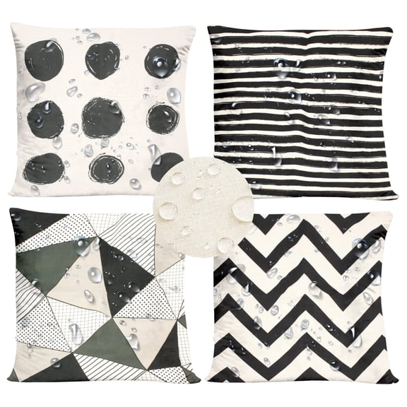 Style-Carry 4 Pack Black White Geometric Waterproof Throw Pillow Covers, 17.7 inch Square Decorative Outdoor Patio Sofa Couch Pillow Cases Without Inserts