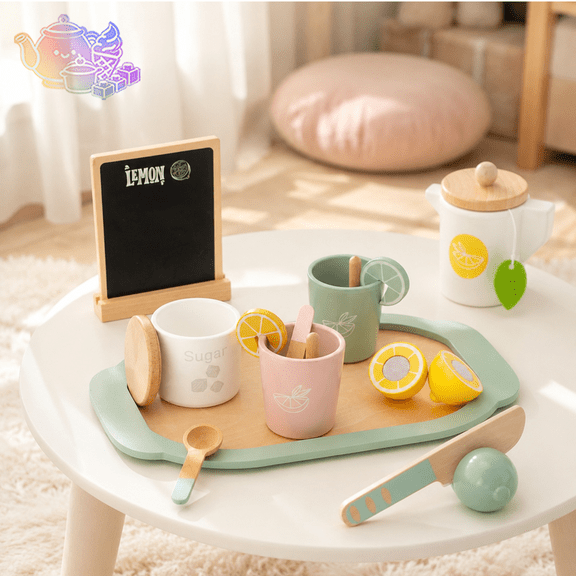 Wooden Pretend Lemonade Stand Playset with Teapot, Cups, Tray and Simulation Lemon Slices, croissants Durable Wooden, Drink Shop Pretend Play House Toys, Vendor Role Play Toy for Kids Ages 3 and Up