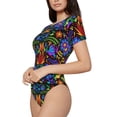 thumbnail image 2 of Daiia Colorful Floral print Women's Crew Neck Short Sleeve Bodysuit Fashion Tops Fit Casual Basic Extender Bodysuit-Small, 2 of 9