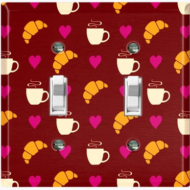 Metal Light Switch Wall Plate Outlet Cover (Coffee Espresso Mocha Cup Heart Croissant Love Pattern Brown - Double Toggle)