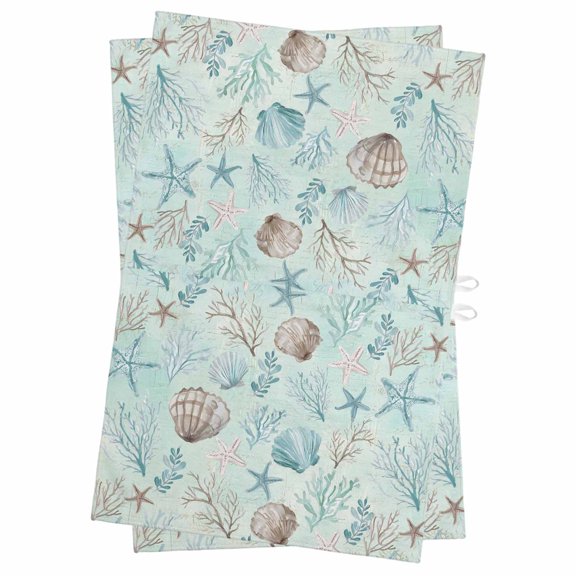 Turquoise Coastal Kitchen Towels Set of 2, Water Absorbent Dish Towel, Nautical Beach Ocean Starfish Coral Shells Decorative Hand Towels - Quick Drying Cloth for Cooking Baking, 18x28 Inch