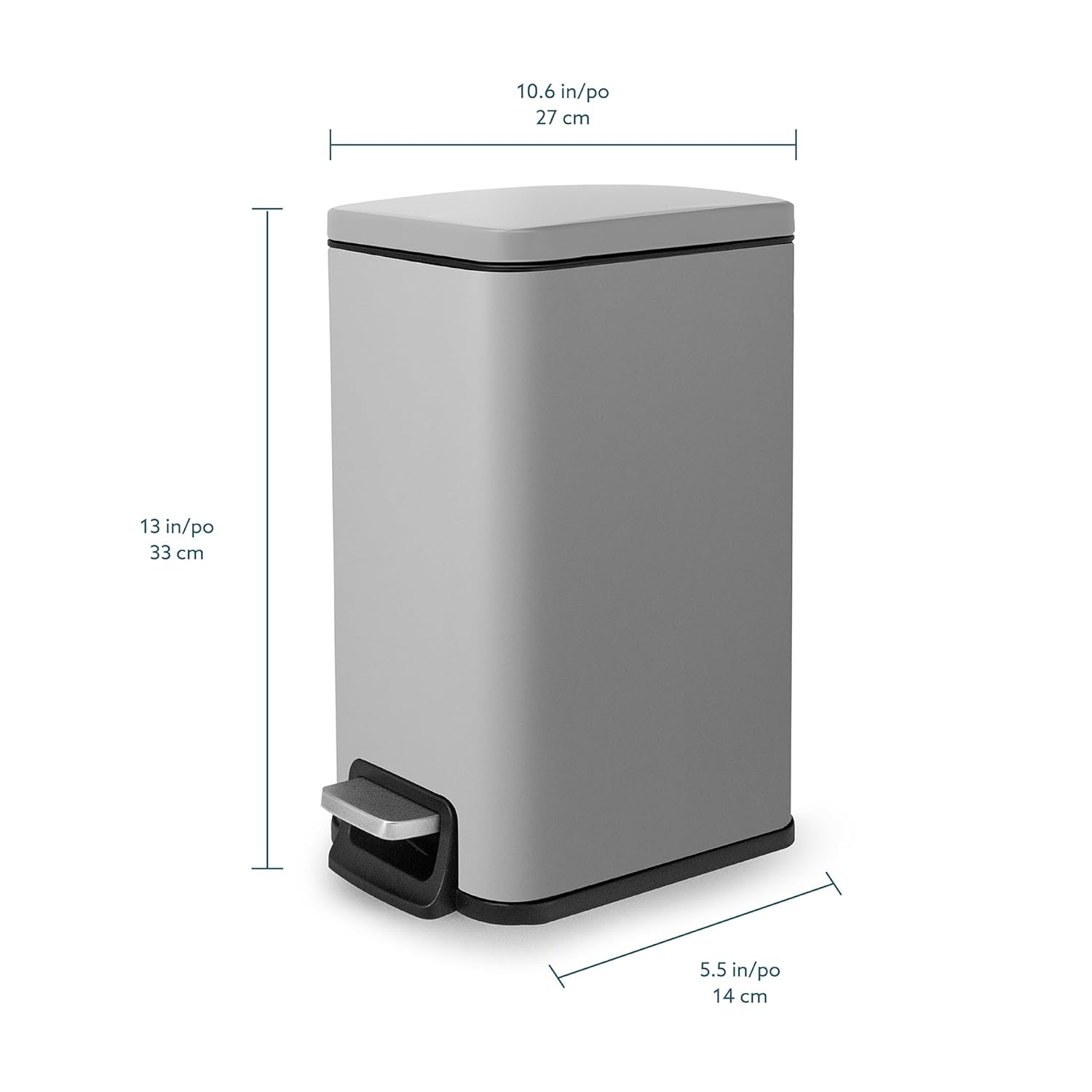 Moorefield Forte Slim Rectangular Step Trash Can, 1.6 Gallon Compact Bathroom Waste Bin with Soft Close Lid and Removable Inner Bucket, Matte Gray