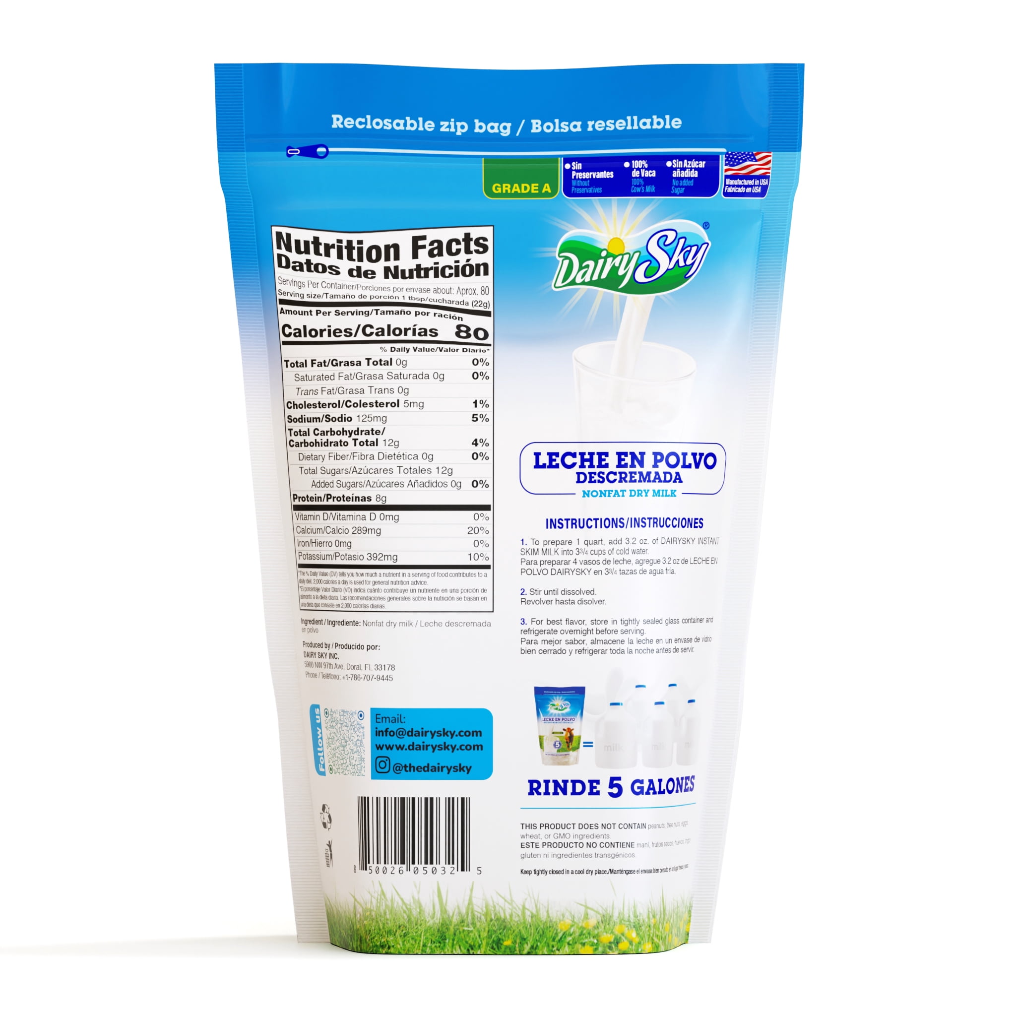 DairySky Nonfat Plain Dry Milk Powder, 64 oz, Leche En Polvo Descremada, Grade a Skim Milk,Resealable Pouch, pack of 8