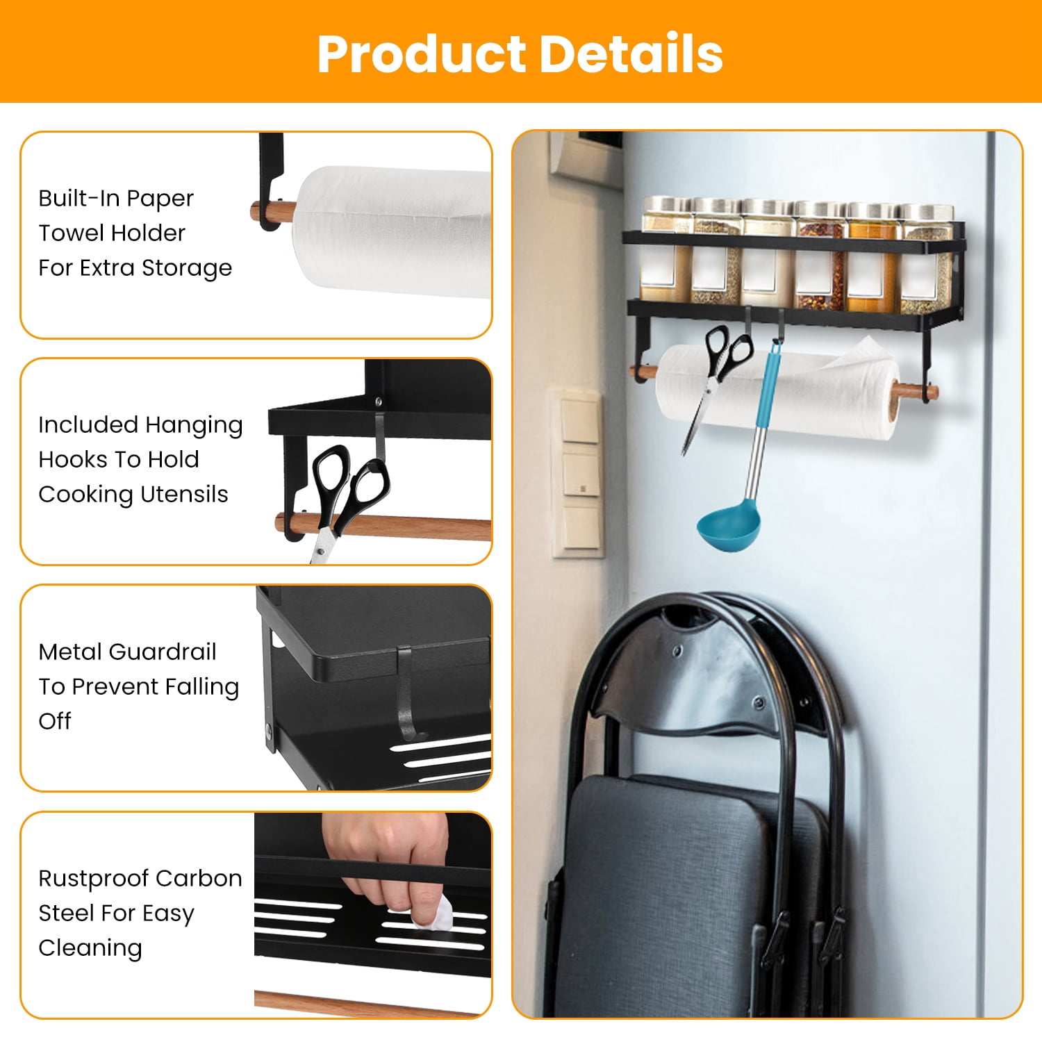 Magnetic Spice Rack for Refrigerator TeqHome 2Pcs Magnetic Fridge Shelf with Hooks Seasoning Organizer Gadgets for Metal Surface