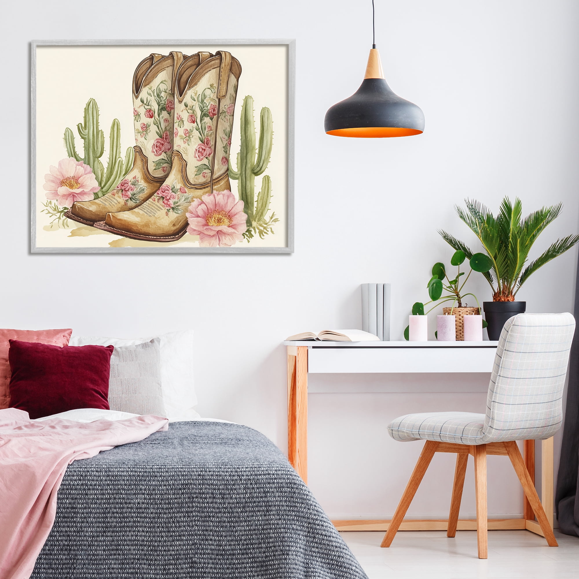 Stupell Industries Floral Boots & Cactuses Gray Framed Giclee Art, design by Heidi Kuntz