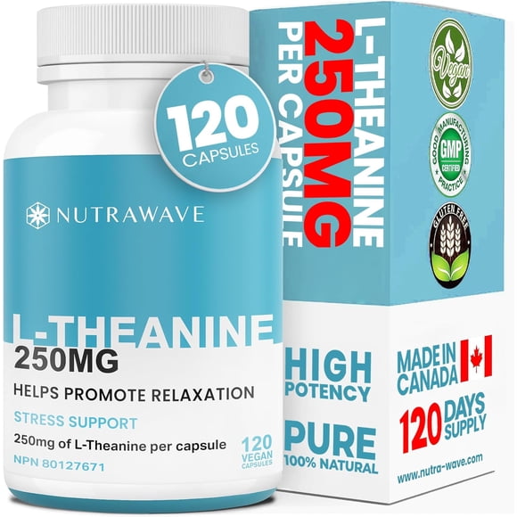 Nutrawave L-Théanine 250 mg – Soutien à la Relaxation et à la Concentration, Supplément d'Acides Aminés, 120 Capsules Véganes, non-OGM, Sans Gluten, Fabriqué au Canada