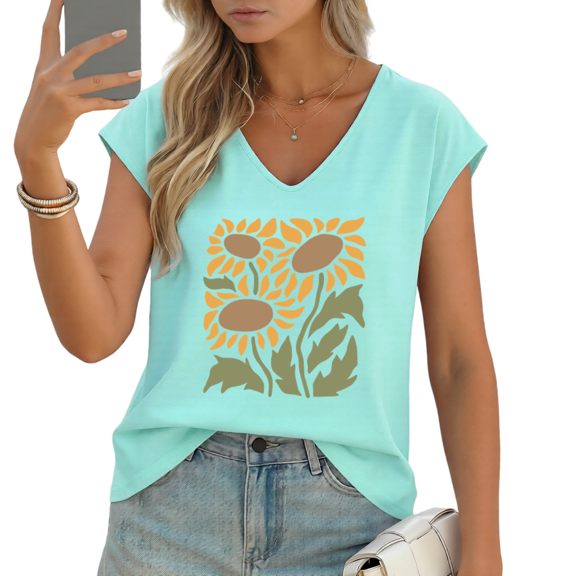 UNISHE Women's Stylish Sunflower Floral Print V-Neck Sleeveless T-Shirt Casual Loose Fit Summer Tank Top