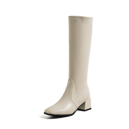 

Women s Knight boots PU leather Square toe Slim Thick heel Heel