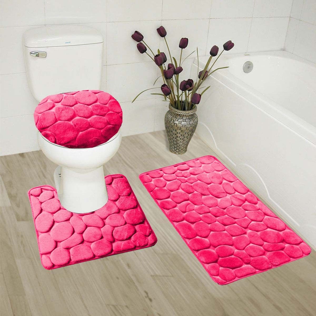 Rock Hot Pink 3 Piece Embossed Bathroom Rug Set Super Soft Memory