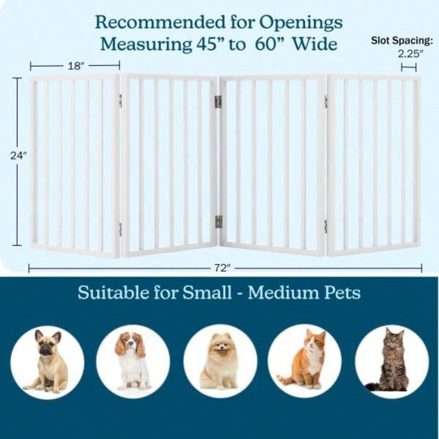 Pet Gate - 4-Panel Indoor Foldable Dog Fence for Stairs Hallways or Doorways - 72x24-Inch Retractable Wood Freestanding Dog Gates by White