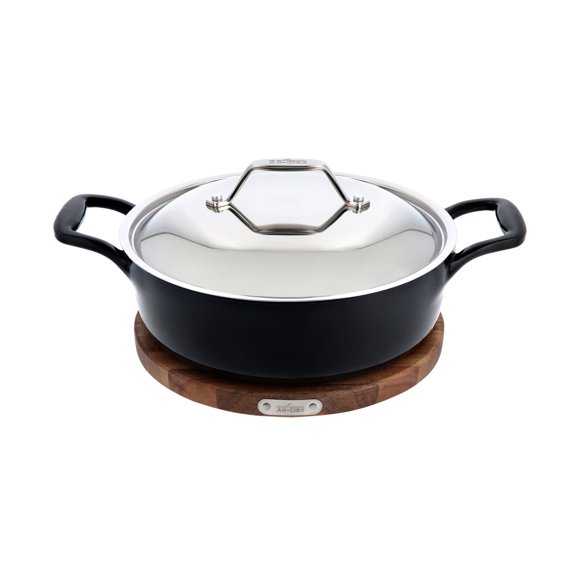 All-Clad Enameled Cast Iron, Braiser, with Lid and Acacia Wood Trivet, 4 quart