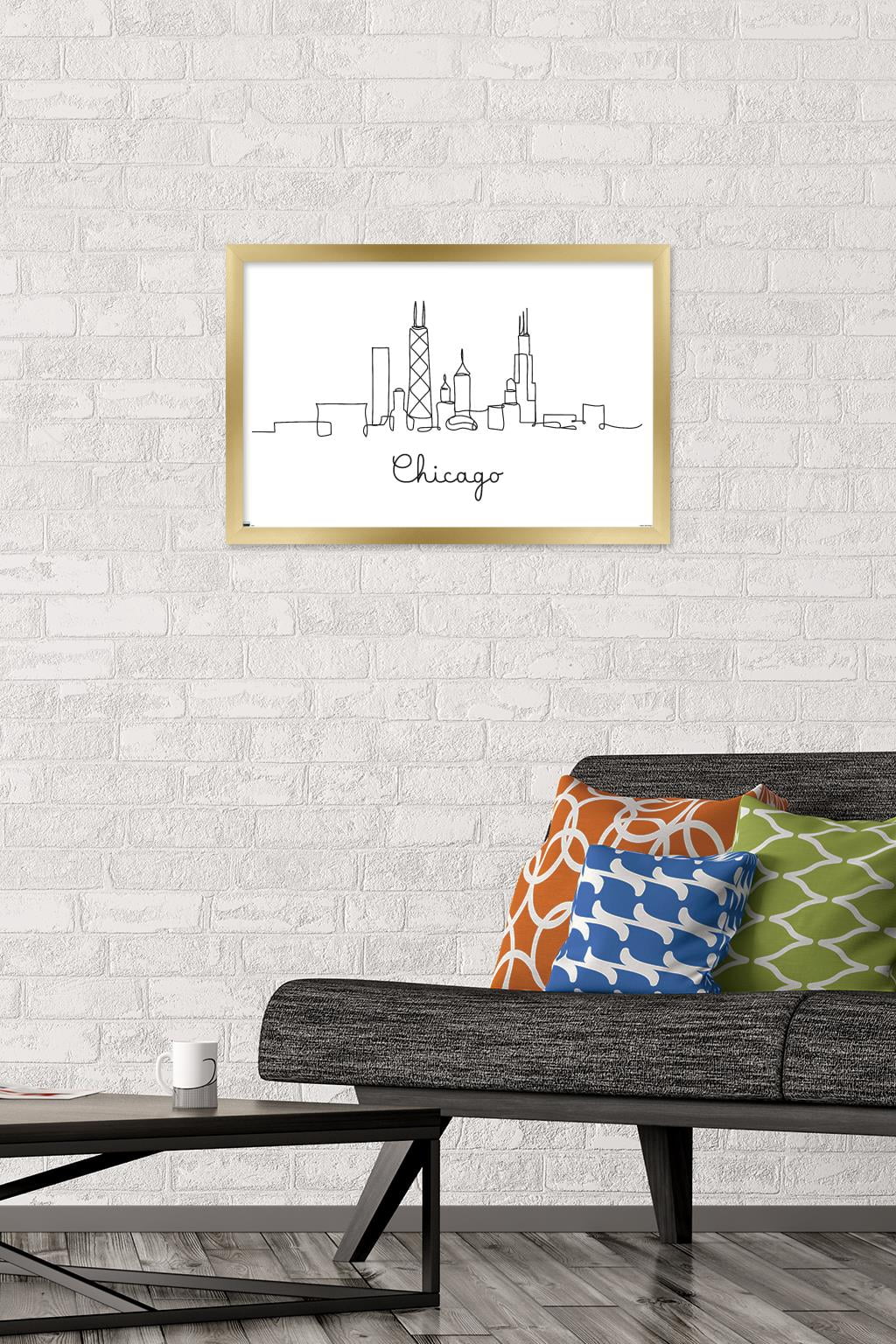 Line Art Skyline - Chicago Wall Poster, 14.725" x 22.375", Framed