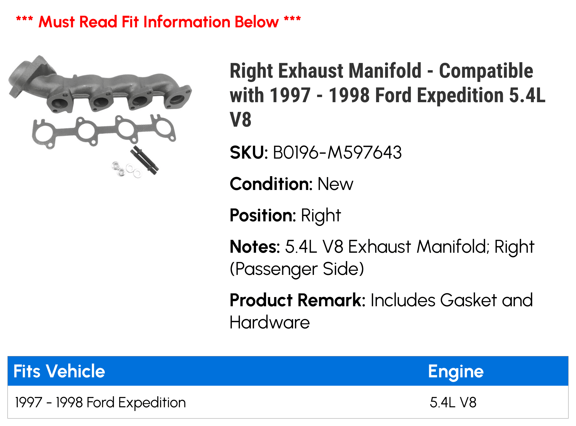 Right Exhaust Manifold - Compatible with 1997 - 1998 Ford Expedition 5.4L V8