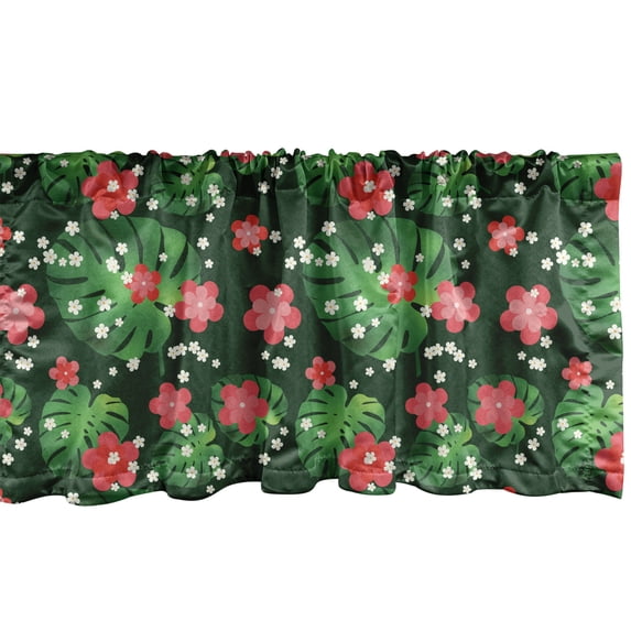 Monstera Window Valance Pack of 2, Exotic Blossoms Flowers and Leaves in Tropical Nature Tones Illustration, Rod Pocket Curtain Valances Kitchen Bedroom, 2 Sizes, Green and Coral, by Ambesonne