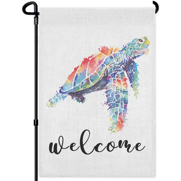 HOSNYE Welcome Sea Turtle Burlap Garden Flag Double Sided Watercolors Sea Creatures Underwater World Garden Flags 12x18 inch for Yard Outdoor Decor