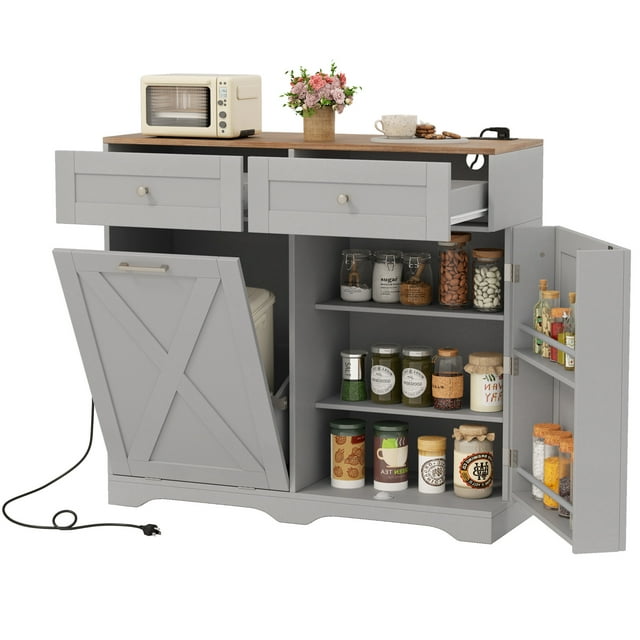 Gymax Tilt Out Trash Can Cabinet w/ Outlets 2 Drawers Adjustable Shelf Anti-Tipping Kit Gray & Walnut