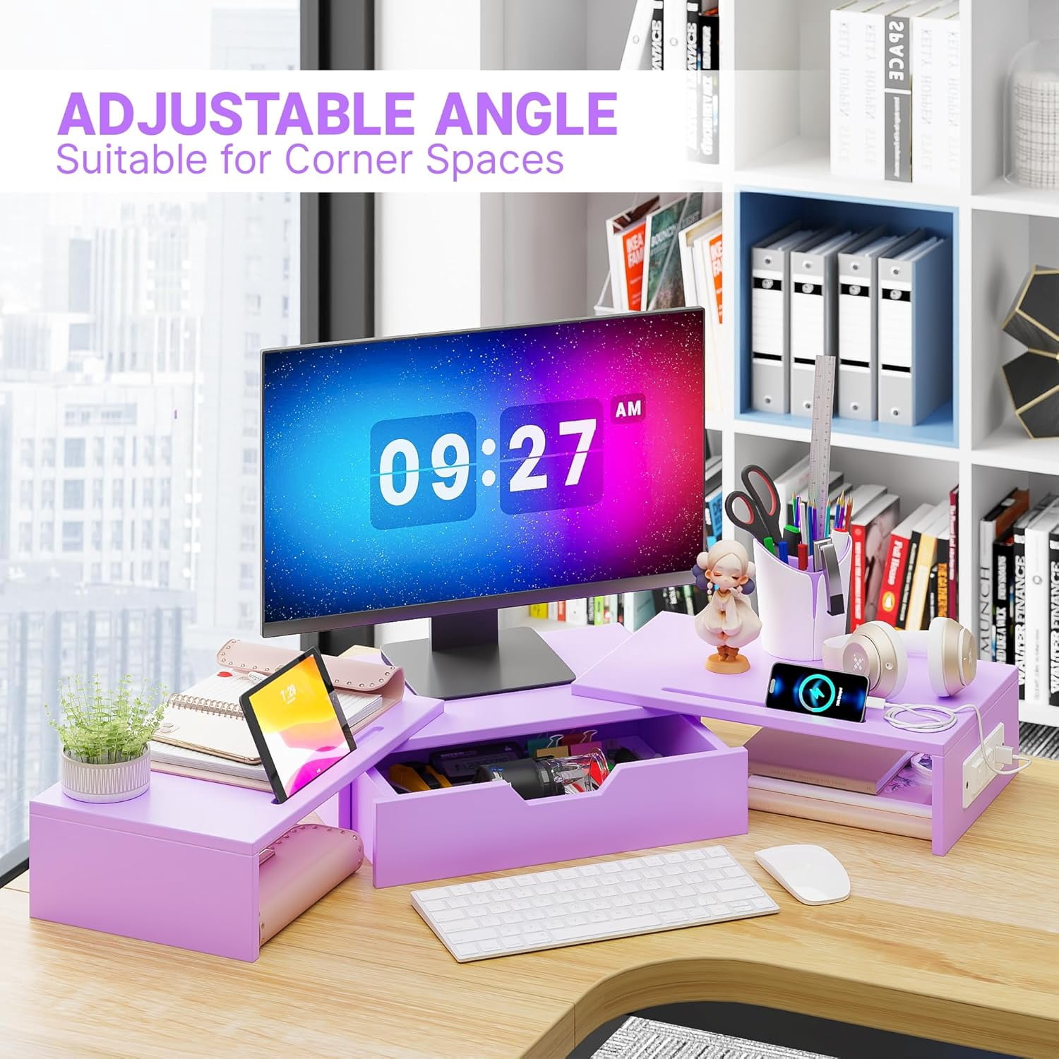 Dual Monitor Stand with USB Ports and Drawer, Adjustable Wood Computer Riser for PC Laptop Desk Organizer in  Pink