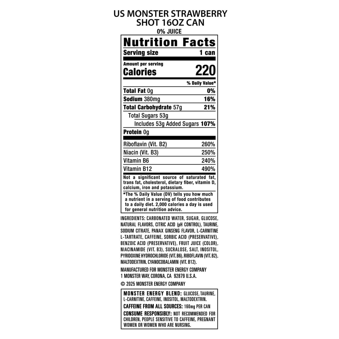Monster Energy, Strawberry Shot, Energy Drink, 16 fl oz, Can