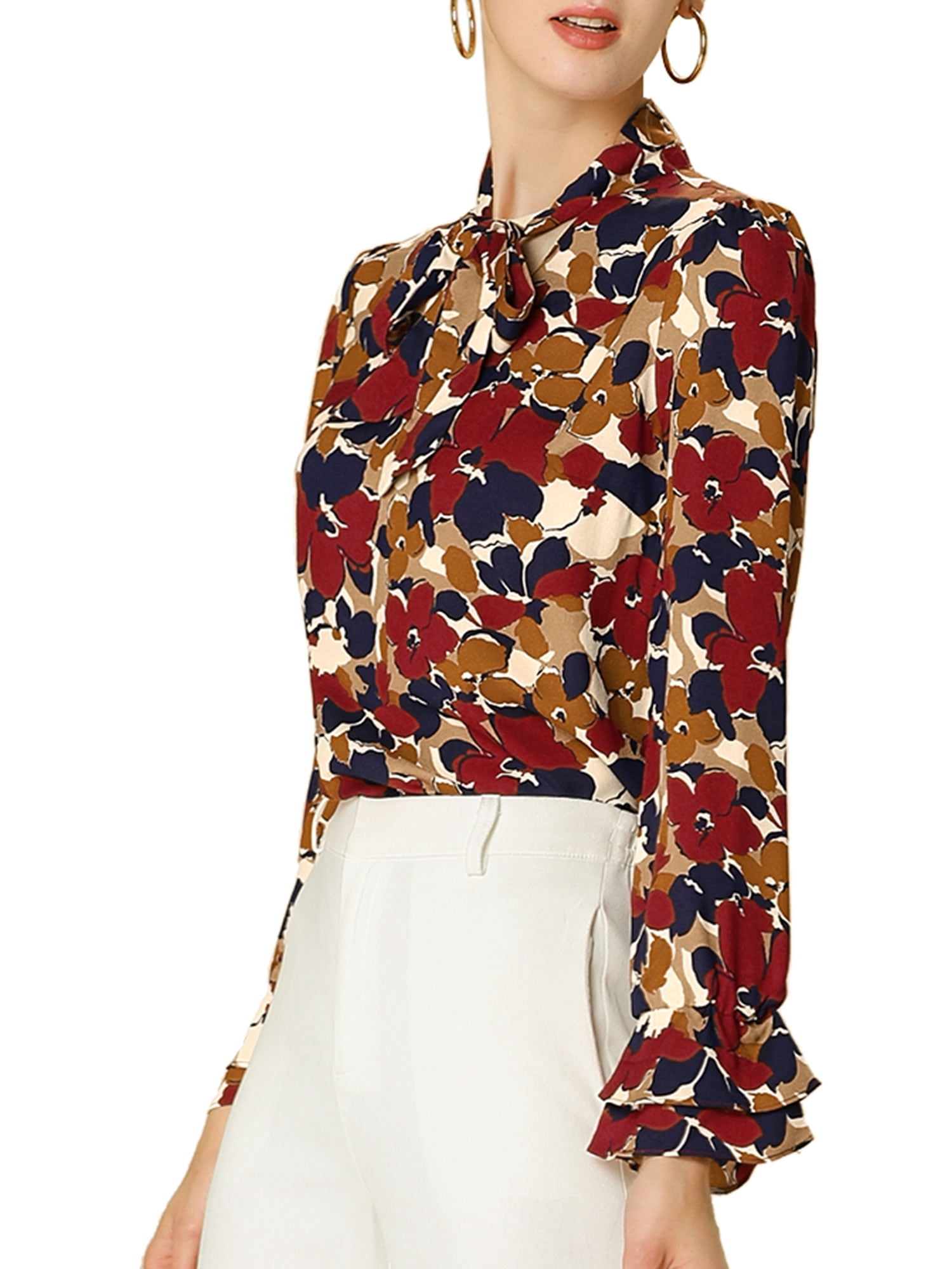 DARING DIVA Women's Tie V Neck Floral Shirt Trumpet Blouse L Red