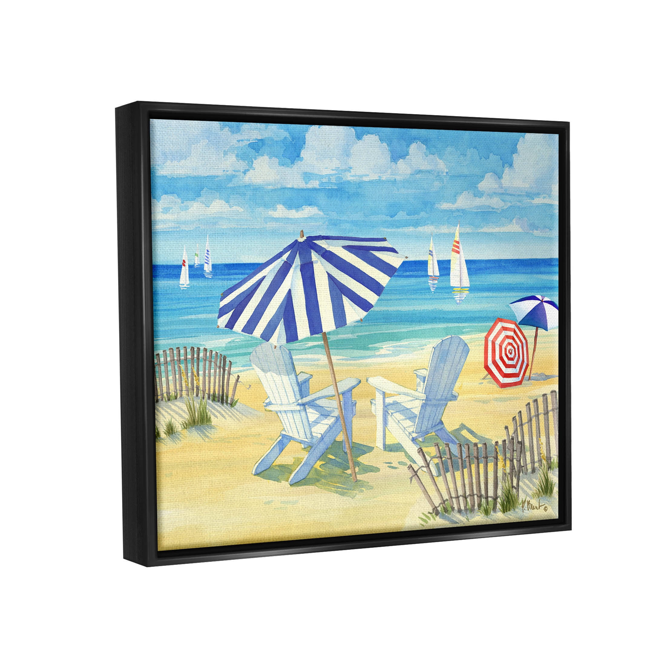 Stupell Industries Summer Sun Sailboat Chairs Painting Jet Black Floating Framed Canvas Print Wall Art, Design by Paul Brent