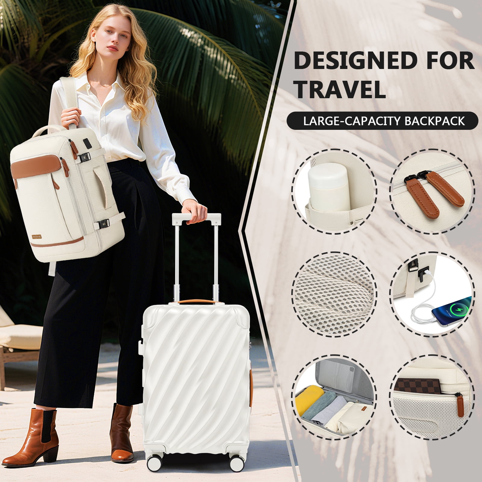 Joyway 5-Piece Luggage Set PC Ultra-Hard Shell Lightweight Suitcase TSA Lock Brake Spinner Wheels (20/24/29) with Backpack White