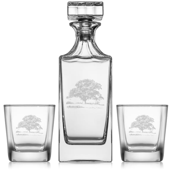 Whiskey Decanter Gift Set With 2 Whiskey Old Fashioned Rocks Glasses Oak Tree