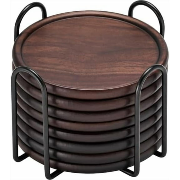 Wood Coasters with Metal Holder, Set of 8 Walnut Wooden Coaster Tabletop Protection for Drinks Coffee Table Home Kitchen Office Bar Living Room Decor Housewarming Gifts Wedding Party, 4 Inch