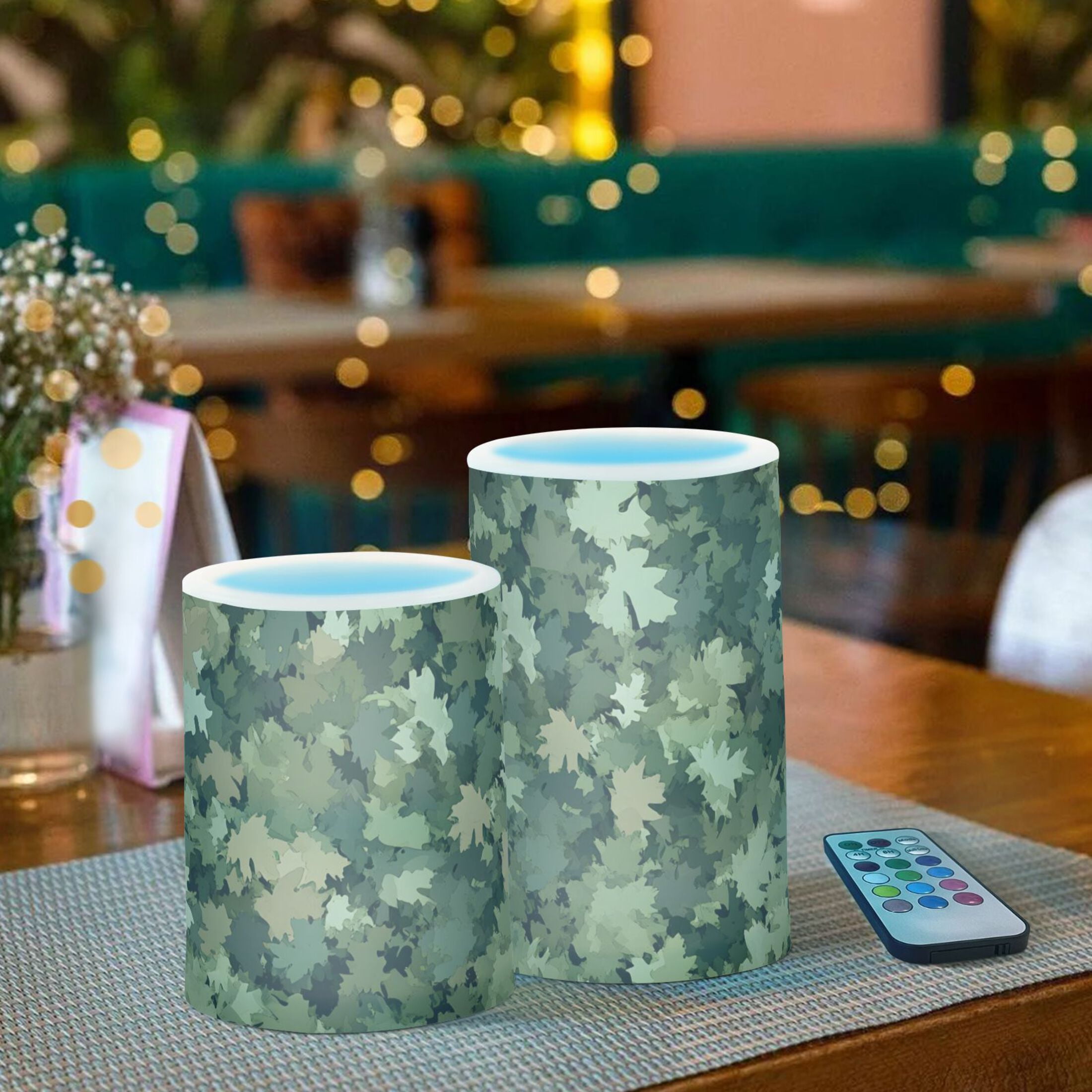 Dark Green Leaf Camouflage Flickering Flameless Candles Battery Operated with Remote Timer LED Pillar Candles Set of 2