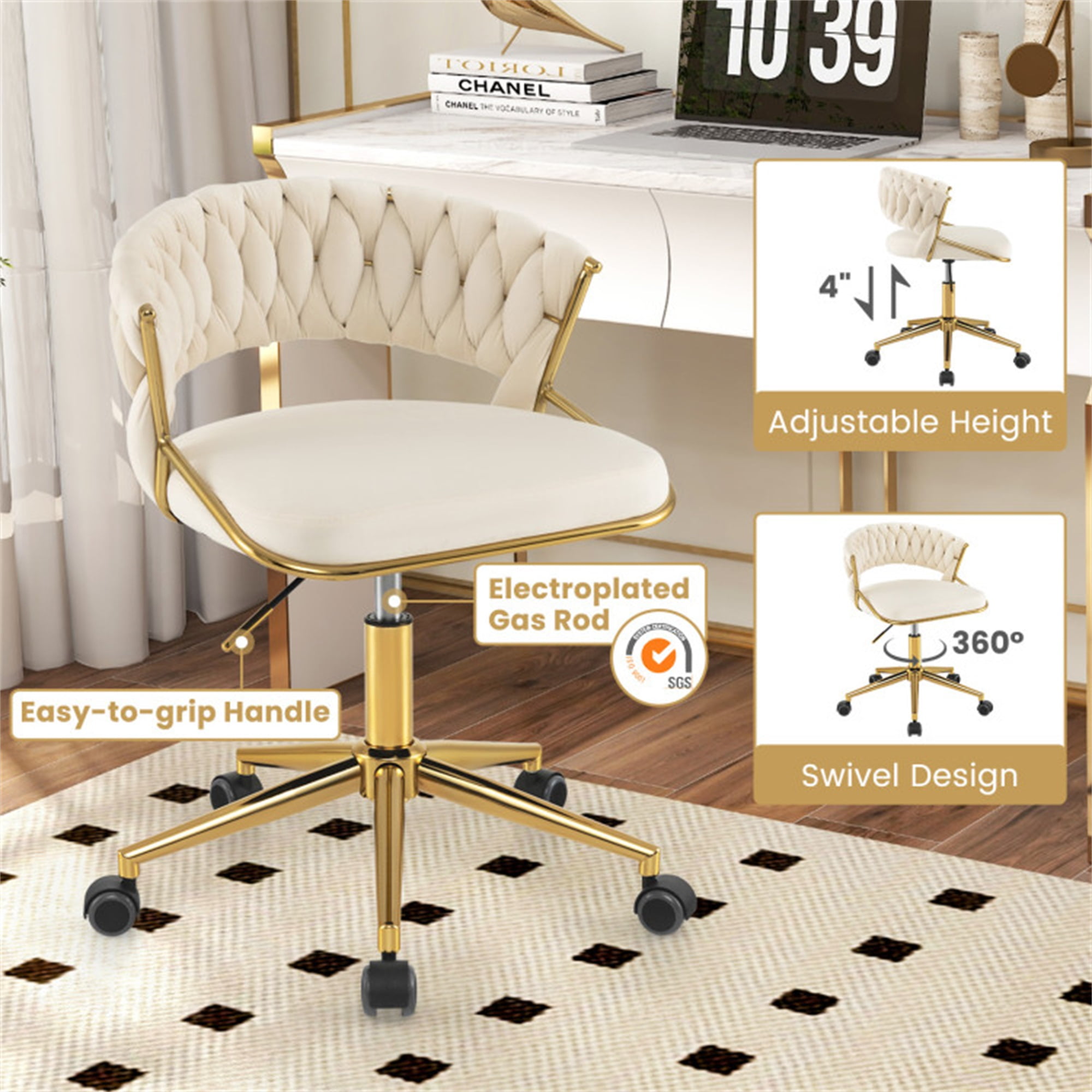 Demi Bonn 360° Height Adjustable Swivel Upholstered Desk Computer Chair with Hand-woven Back for Home, Bedroom, Study, Beige