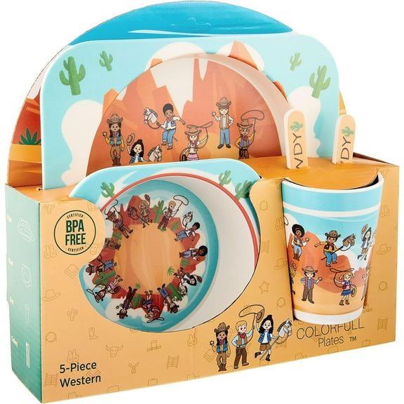 Colorfull Plates 5 Piece Multicolor Kids Dinnerware Set, Western Cowboys Themed, Bamboo Fiber Tableware