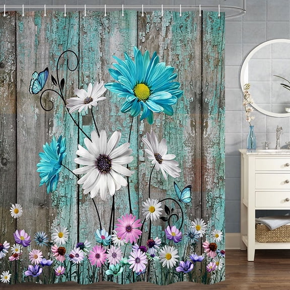 Rustic Farmhouse Floral Shower Curtain Rustic Farmhouse Daisy Shower Curtain Spring Daisy Shower Curtain Rustic Wooden Shower Curtain Set with 12PCS Hooks, 72X72 Inch, Green