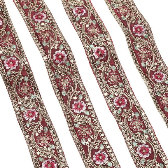 10 Yards 1.6 Inch Dark Red Embroidered Ribbon Metallic Sequin Gold Floral Jacquard Trim Tape Polyester Flower Woven Embroidery Applique Ribbons for Sewing Making Clothes Crafts Dresses Decor