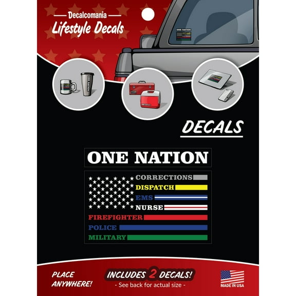 One Nation Thin Line Flag Decals - Corrections, Dispatch, EMS, Nurse, Firefighter, Police, Military - Gray Yellow Blue Red Green Thin Line Flag Stickers - 6.75" Flag Decal