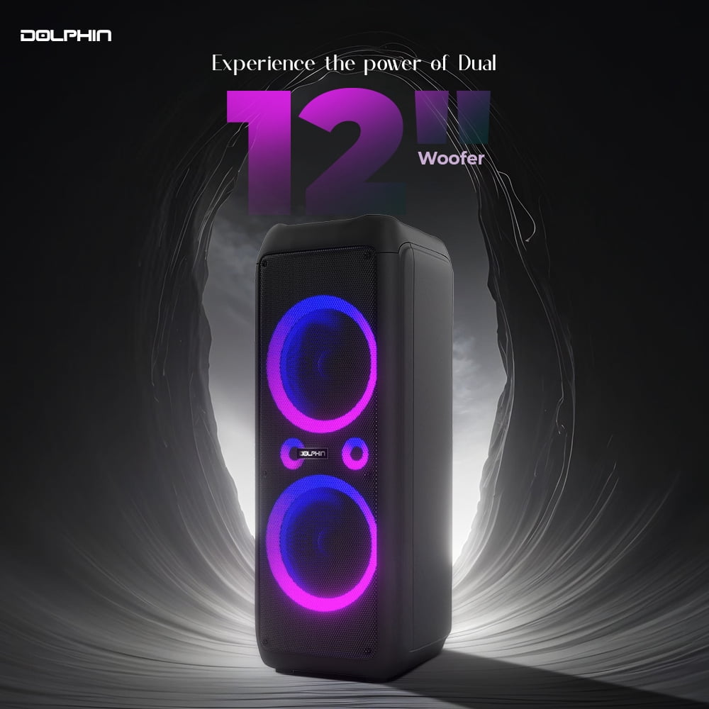 Dolphin SP-1270RBT Dual 12-Inch Premium Party Bluetooth Speaker, Bluetooth/USB/SD/FM/AUX, X-Bass, 5-Band EQ, LED Display, Quad Ring Lights