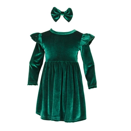 

AIKEIDY Baby Girls Velvet Maxi Dress Knee Lenght Long Sleeve Solid Toddler Ruffle Dress for Christmas Party Wedding Holiday