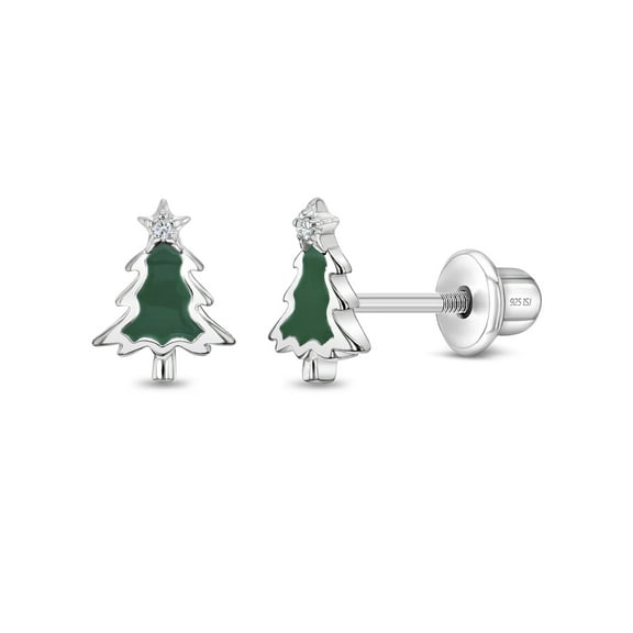 Evergreen Christmas Tree Kids / Girls Earrings Screw Back - Sterling Silver