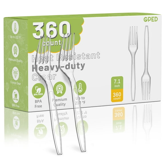 GPED 360 Count Clear Plastic Forks, 7.1" Extra Heavy Duty Disposable Forks, Heat Resistant & BPA Free Disposable Silverware, Clear Forks for Party Supply