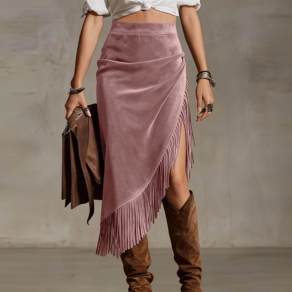 Women's High Waist Suede Midi Skirt Asymmetrical Fringe Wrap Skirt Side Split Western Festival Daily Wear XL