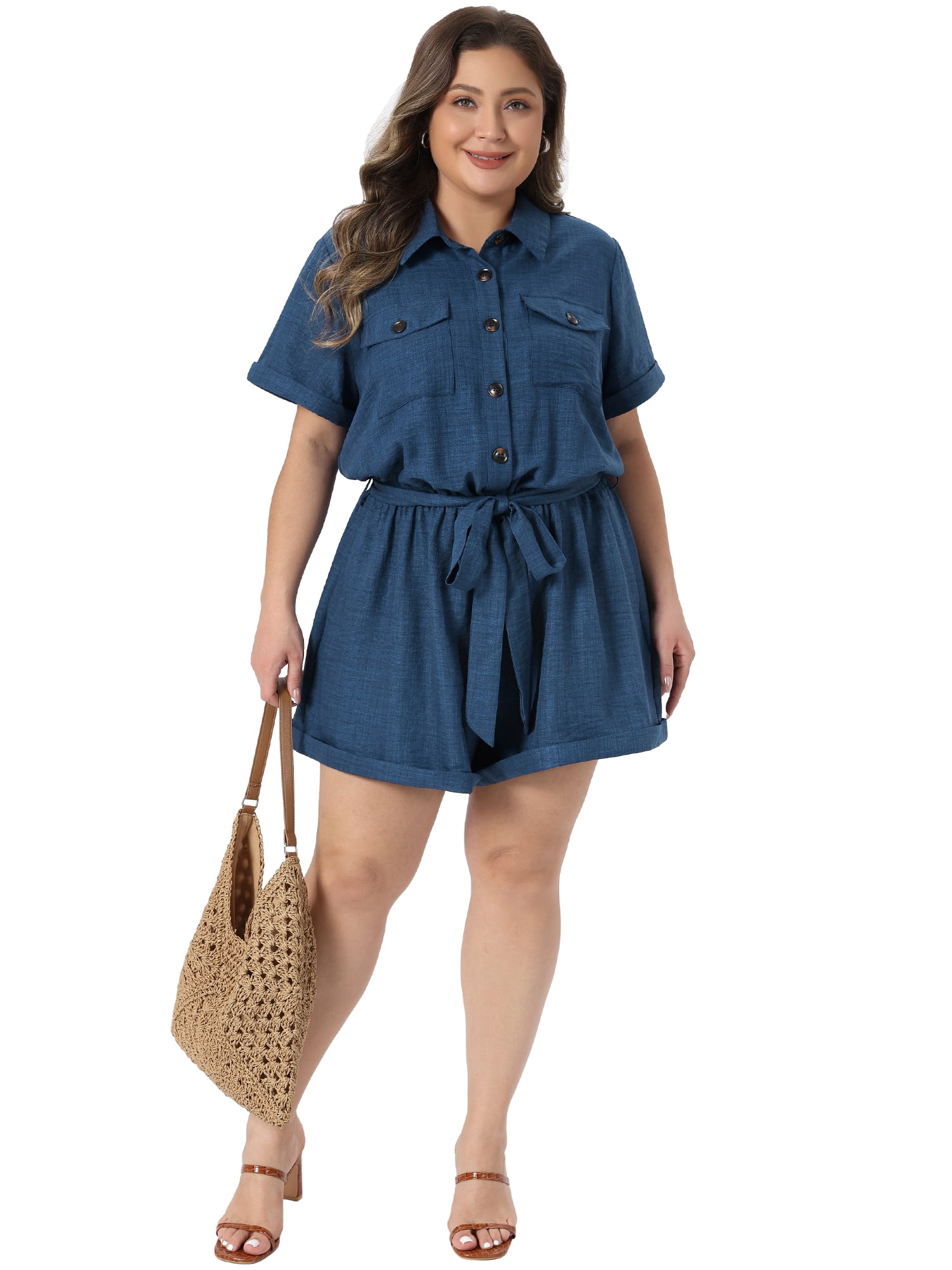 DARING DIVA Women's Plus Button Down Roll Short Sleeve Belted Jumpsuits 2X Dark Blue