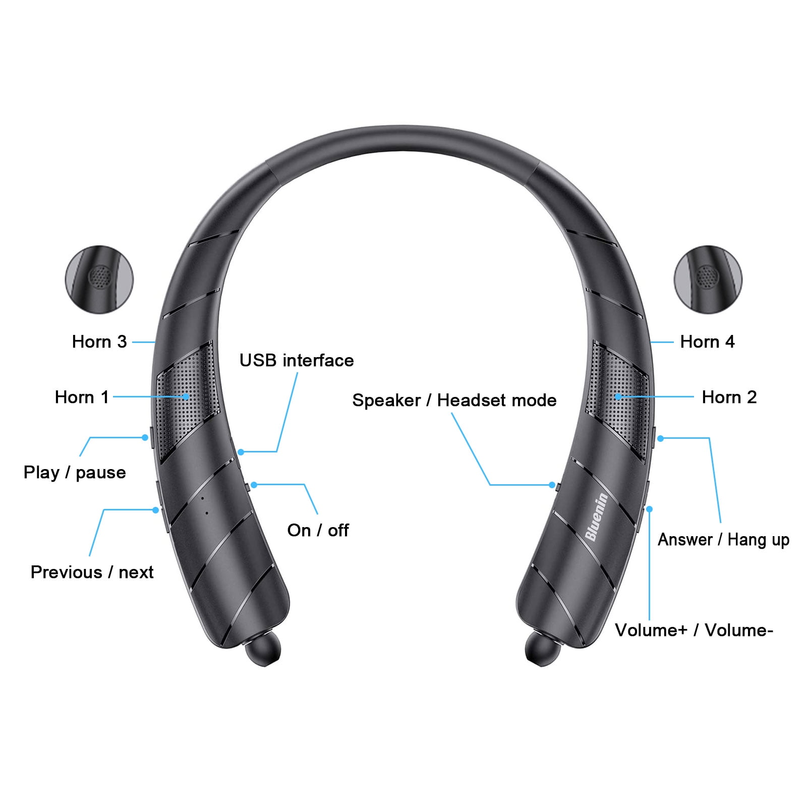 Bluetooth Headphones Speaker 2 in 1, EEEkit Neckband Wireless Headphones with Noise Cancelling Mic Retractable Earbuds, Sweatproof Wearable Stereo Earphones for Home Office Sports, Black