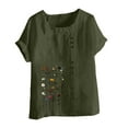 thumbnail image 4 of XUNKUSGA Plus Size Cotton Linen Going Out Tops for Women Casual Summer Boho Tops Fashion Loose Fit Crew Neck Short Sleeve Floral Women's T-Shirts S-5XL Green, 4 of 5