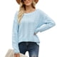 thumbnail image 1 of Suéter de mujer Color puro encaje cuello redondo dobladillo suelto patrón calado textura ondulada suéter transpirable azul claro S, 1 of 6